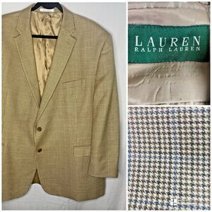Lauren Ralph Lauren Blazer Mens 50R Silk Wool Houndstooth Beige Brown Jacket